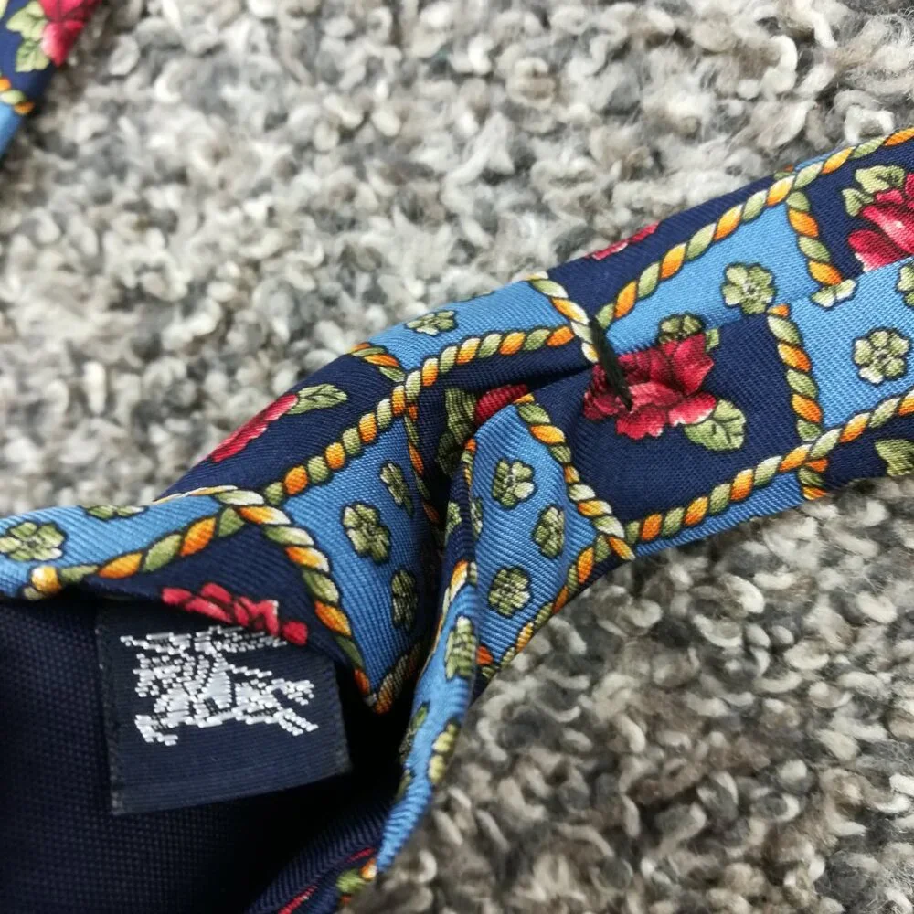 Vintage Burberry Neck Tie Silk Floral Blue Red USA Made 56L 3.75W